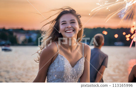 happy face girl against background fireworks, festive fireworks sky, young beautiful girl relaxing friends, travel vacation vacation sea, cheerful festive fireworks, colorful bright explosions sky 113165996
