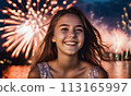 happy face girl against background fireworks, festive fireworks sky, young beautiful girl relaxing friends, travel vacation vacation sea, cheerful festive fireworks, colorful bright explosions sky 113165997