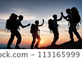 group climbers going up mountain sunset, silhouette work team climbers, teamwork, travel friends vacation, adventure hiking, helping hand, climbing high mountain up, team group friends sunset, active 113165999