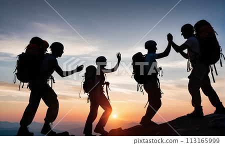 group climbers going up mountain sunset, silhouette work team climbers, teamwork, travel friends vacation, adventure hiking, helping hand, climbing high mountain up, team group friends sunset, active 113165999