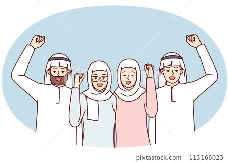 Team of people in arabic clothes make victory gestures rejoice at startup success 113166023
