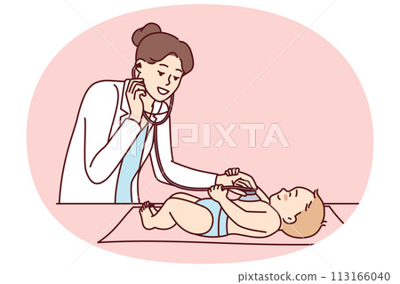 Woman pediatrician using stethoscope to listen to heartbeat of nursing baby 113166040