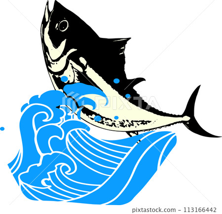 洶湧的波浪和金槍魚的日式插圖 113166442
