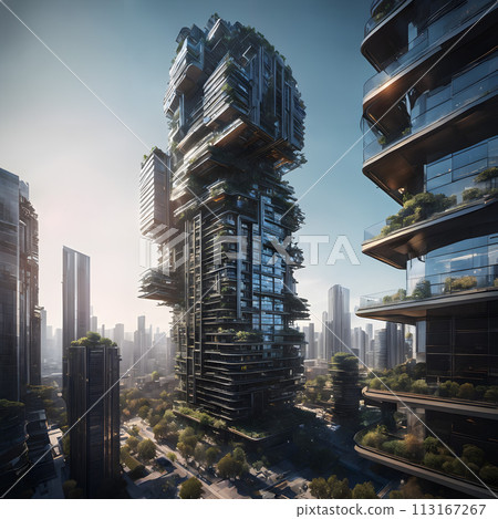 A futuristic city with a large highrise. A futuristic city with a large highrise. 113167267