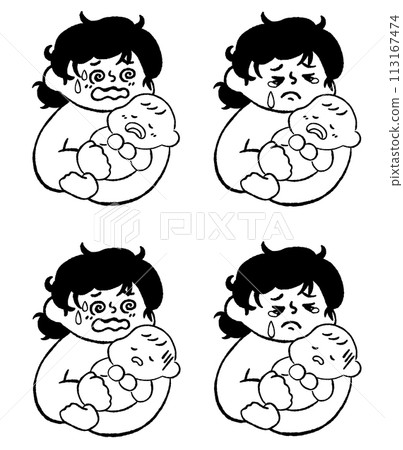 Mother taking care of a sick baby Hand-drawn illustration material set Line drawing Mother taking care of a sick baby Hand-drawn illustration material set Line drawing 113167474