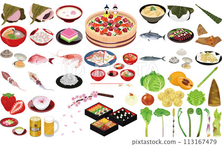 春天的味道和菜餚插圖①(雞肉散飯、賞花便當、第一餐、櫻花餅、柏餅) 春天的味道和菜餚插圖①(雞肉散飯、賞花便當、第一餐、櫻花餅、柏餅) 113167479
