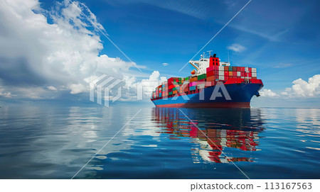 Massive cargo ship transporting colorful containers across ocean 113167563