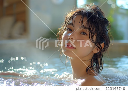 Woman soaking in a hot spring 4 AI generated image Woman soaking in a hot spring 4 AI generated image 113167748