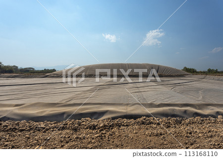 Waste of poultry farm to biogas.  Worker laying thick sheet at the bottom of digester lagoon before instal pvc covered in poultry farm. Methane capture concepts. 113168110