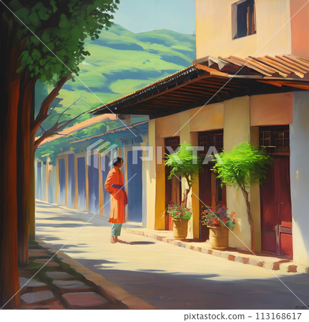 A tranquil sidewalk, where a solitary person stands immersed in their surroundings. 113168617