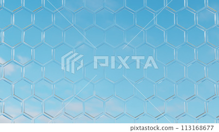 幾何背景材質內襯六邊形。藍天。 3D(水平) 幾何背景材質內襯六邊形。藍天。 3D(水平) 113168677