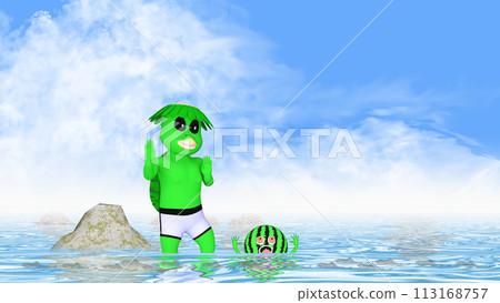 河童男孩不玩水的姿勢和淹死的西瓜。水事故的寫作材料。 113168757