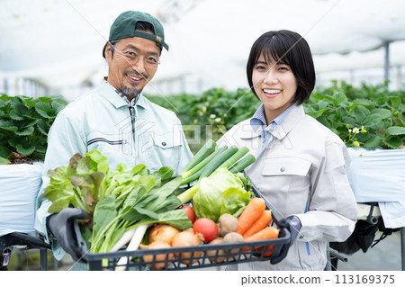 Farmer family and child holding vegetables in a greenhouse 113169375