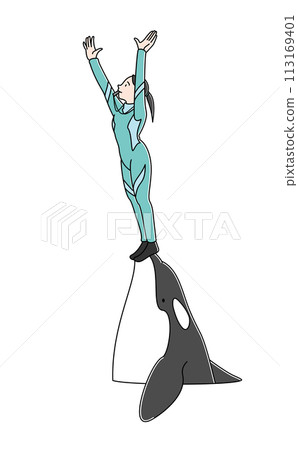 Orca show: Killer whales and trainers jumping out of the water (color) Orca show: Killer whales and trainers jumping out of the water (color) 113169401