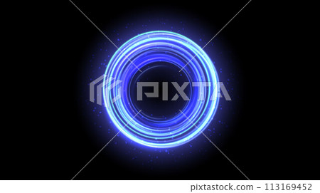 Blue glowing portal concept. Neon hologram teleport gate on black background. Circle swirl cold aura with beams and sparks. Round hot flare template for game, ui, interface. Vector illustration 113169452