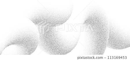 Stippled wavy sand grain background. Grunge curved gradient wave. Grit noise dot work wallpaper. Black dots, speckles, particles or granules print texture. Vector fluid gritty backdrop overlay 113169453