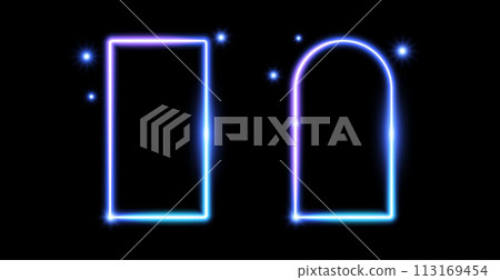Glow neon rectangle and arch frames. Blue light shining borders. Neon portal doors concept. Rectangular and curved arc border with flares and sparkles. Design element for poster, banner, game. Vector 113169454