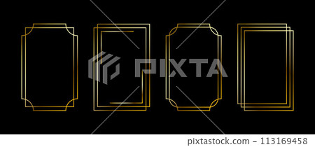 Golden thin frame set. Gold geometric borders in art deco style. Thin linear radiance rectangular shape collection. Yellow glowing shiny boarder element pack. Vector bundle for photo, cadre, poster Golden thin frame set. Gold geometric borders in art deco style. Thin linear radiance rectangular shape collection. Yellow glowing shiny boarder element pack. Vector bundle for photo, cadre, poster 113169458