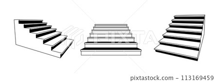 Simple 3d stairway set. Line staircase in different perspective. Black and white stair steps collection. Graphic design element pack concept for success, growth, promotion, progress. Vector bundle Simple 3d stairway set. Line staircase in different perspective. Black and white stair steps collection. Graphic design element pack concept for success, growth, promotion, progress. Vector bundle 113169459
