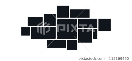Mood board or photo image layout template. Black mosaic collage art grid. Picture frame composition. portfolio. Photo gallery arrangement design concept for presentation, poster, mockup. Vector 113169460