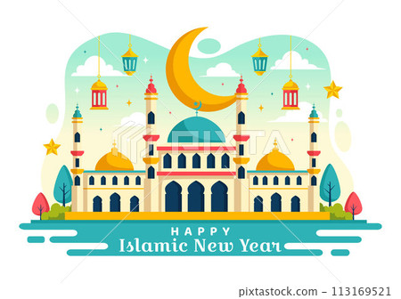 Happy Muharram Vector Illustration of Celebrating Islamic New Year with Mosque, Moon and Lantern Concept in Flat Kids Cartoon Background 113169521