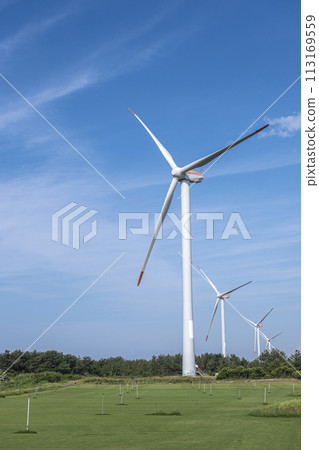 A wind power generator shining in the blue sky (Hokuei Town, Tottori Prefecture) 113169559