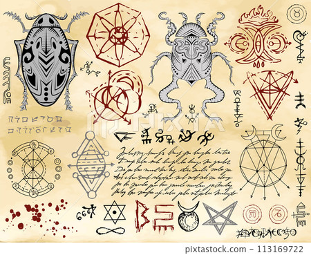 Design vector set with decorated bugs, pentagram, mystic, magic and gothic symbols against textured background, wicca concept, no foreign language, only fantasy signs.  113169722