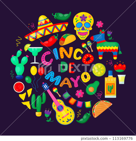 Cinco de Mayo font surrounded by Mexican art patterns in circle 113169776