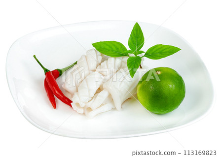 Boiled squid with chili and lemon and basil isolated 113169823