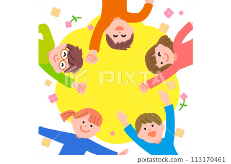 Children in a circle yellow background 113170461