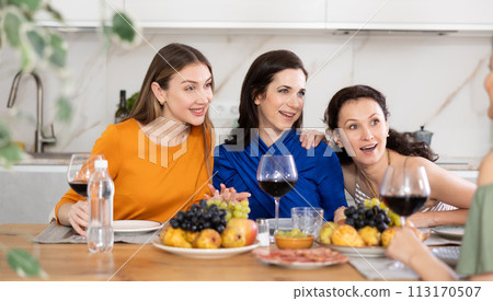 Female friends having fun at intimate house party 113170507