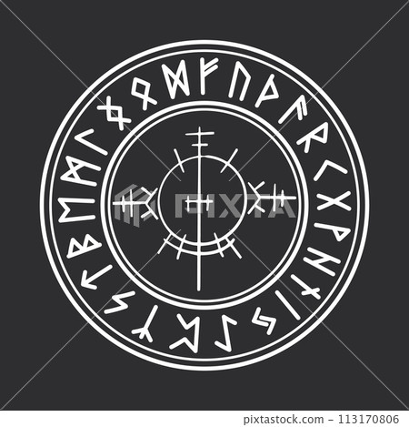 Rune circle Icelandic celtic viking talisman Navigation Compass, frame occult amulet, tribal norse writng isolated on dark background. 113170806