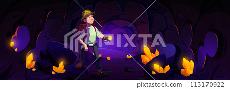 Man explorer in cave with golden crystals. Man explorer in cave with golden crystals. 113170922