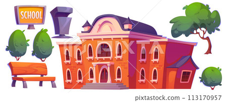 School building outside with yard elements. 113170957