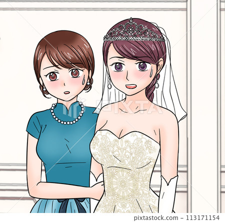 新娘和女性朋友在婚禮場地表情嚴肅 113171154