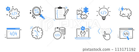 Software code icon doodle set. Hand drawn line sketch software coding doodle. Computer program build technology, data operate, application product test icon. Program build vector 113171192