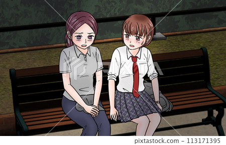 A woman crying and a girl listening on a park bench A woman crying and a girl listening on a park bench 113171395