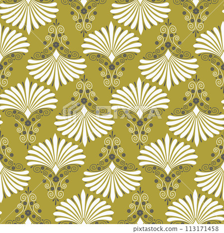 Seamless pattern with white anthemion floral motifs on a golden background. 113171458