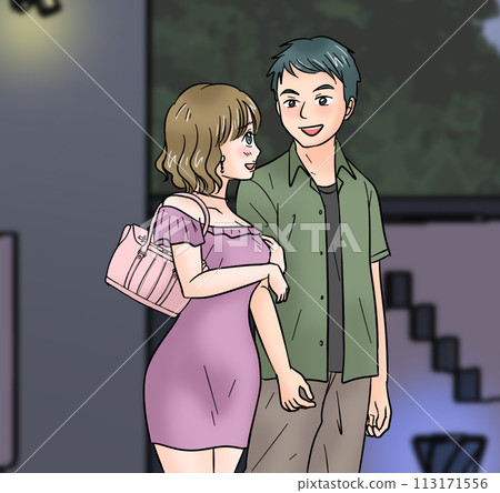 一對有外遇的男女手挽手走在一家旅館前。 113171556