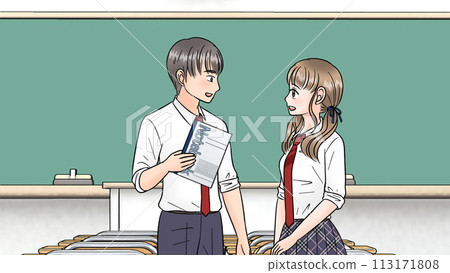 高中男生和女生在教室裡借閱筆記本 113171808