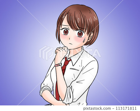 一個穿著校服的女高中生,擔心自己的想法。有背景 一個穿著校服的女高中生,擔心自己的想法。有背景 113171811
