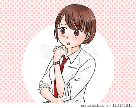 穿制服的高中女孩理解或想到好東西,有背景 穿制服的高中女孩理解或想到好東西,有背景 113171813