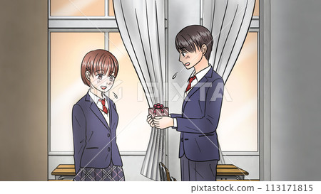 A high school girl and a high school boy couple shyly handing Valentine chocolates in the evening classroom. 113171815