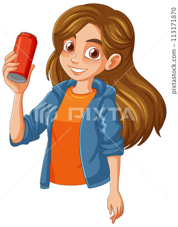 Happy Girl Holding a Soda Can 113171870