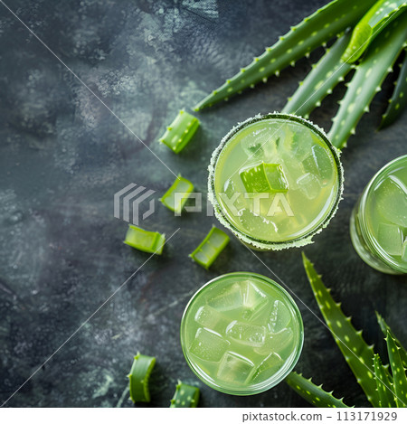 Aloe vera drinks on concrete backgrounds, top view Aloe vera drinks on concrete backgrounds, top view 113171929