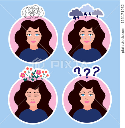 Mental Health Stickers Pack. Sad woman cry, feel stressed, perplexity, calmness. Woman with mental problems. Stress Awareness. Anxiety. Depression. ADHD. Inner peace. Flat vector illustration. 113171982