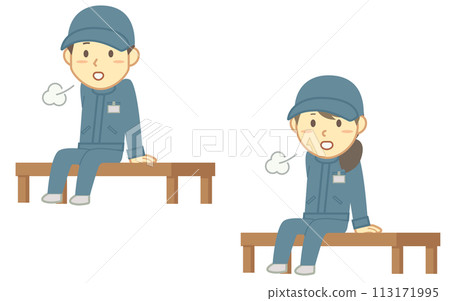 A set of male and female workers sitting on a bench and taking a break 113171995
