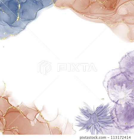 Alcohol ink art square background template) orange-blue waves and blue-purple flowers and golden decorations Alcohol ink art square background template) orange-blue waves and blue-purple flowers and golden decorations 113172414