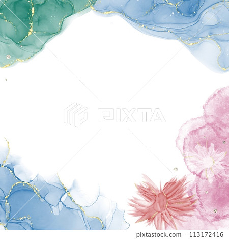 Alcohol ink art square background template) green and light blue waves with red flowers and gold decoration Alcohol ink art square background template) green and light blue waves with red flowers and gold decoration 113172416