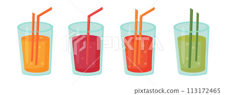 Fruit cocktails in glasses with straws. Set Fresh summer drink. Vector illustration. 113172465